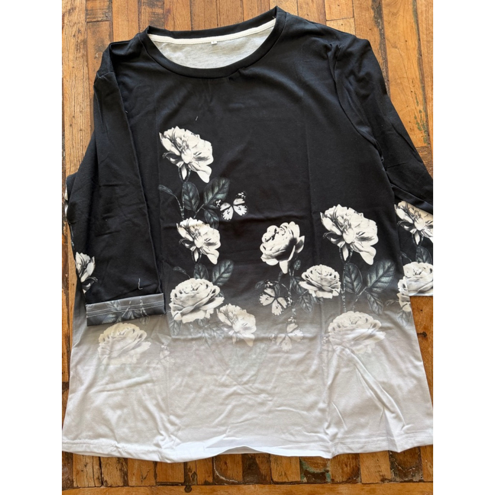 Women's Black & White Floral Long 3/4 Sleeve Tee L